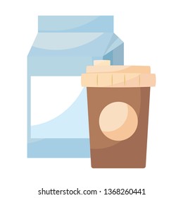 plastic container of coffee with box milk