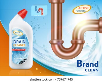 Plastic container with drain cleaner. Detergent bottle and pipe with siphon. Mockup package with label design. Stock vector illustration.