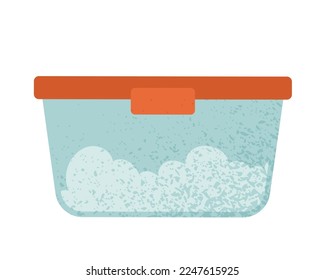 Plastic container for food. Utensils for healthy diet and proper nutrition. Poster or banner for website. Rice in plastic box. Natural and organic product. Cartoon flat vector illustration