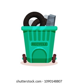 Plastic container full of trash. Garbage can with two wheels. Flat vector icon related to waste sorting and recycling theme