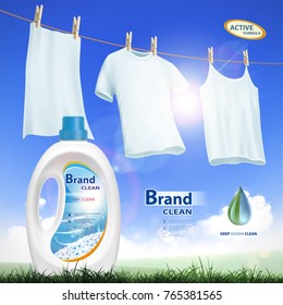 Plastic container with laundry detergent. Mock-up package with label design. Washing white clothes hanging on the rope. Stock vector illustration