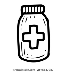 Plastic container with medicine. Hand drawn doodle. Jar with lid. Container with pills or vitamins. Vector line art illustration.