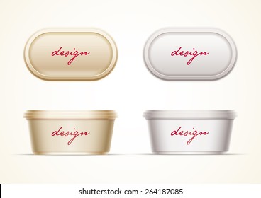 Plastic container mock up for butter, margarine spread, cheese, hazelnut cream, or yoghurt. Layered separately  vector file.  Just 2 global colors used for container. Easy editable. No mesh.