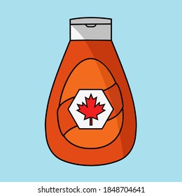 plastic container natural puree maple syrup flavor icon & outline vector symbol. leaf label or logo contour bottle tube isolated for pancake flat design art. black line canadian sweet dessert template