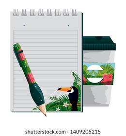 plastic container and notebook with tropical flowers print