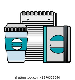 plastic container and notepad and book with company emblem