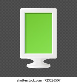 Plastic container on stand in smooth white corpus with green rectangular panel isolated realistic vector illustration on white background.