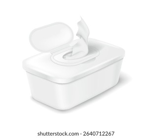 Plastic container with open lid and a tissue emerging. Realistic style in white color. Represents convenient hygiene product usage in household settings.