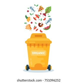 Plastic container for organic trash. Color container for garbage. Recycling elements. Vector flat illustration.
