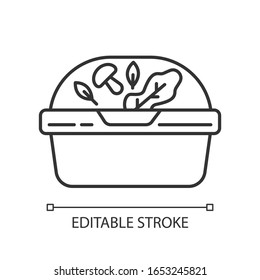 Contenedor de plástico para el icono lineal perfecto para píxel de ensalada. Ilustración personalizable en línea delgada. Almuerzo reutilizable. Sacar el paquete de comida. Comida en la caja de almuerzo. Dibujo aislado del vector Actrazo editable