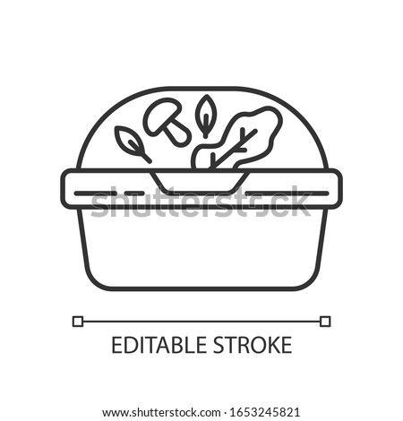 Plastic container for salad pixel perfect linear icon. Thin line customizable illustration. Reusable lunchbox. Takeaway food package. Takeout meal in lunch box. Vector isolated drawing Editable stroke