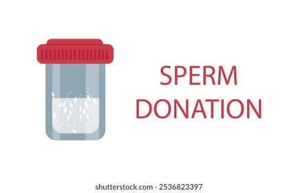 Contenedor de plástico con biomaterial de esperma para pruebas clínicas y bancos de esperma y la inscripción Donación de esperma - Vector, Anuncio, ilustración en color