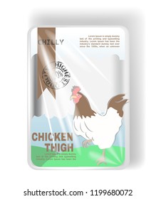 Plastic container tray with cellophane cover. Chicken meat. Vector.
