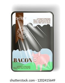 Plastic container tray with cellophane cover. For pork meat. Vector