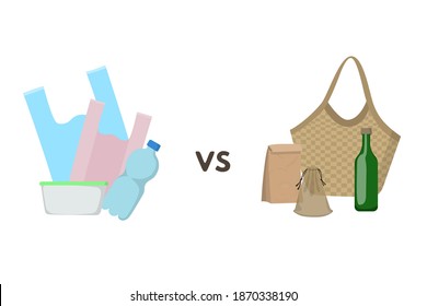 Plastic container vs eco friendly paper packaging, straw and textile bags, glass bottle.