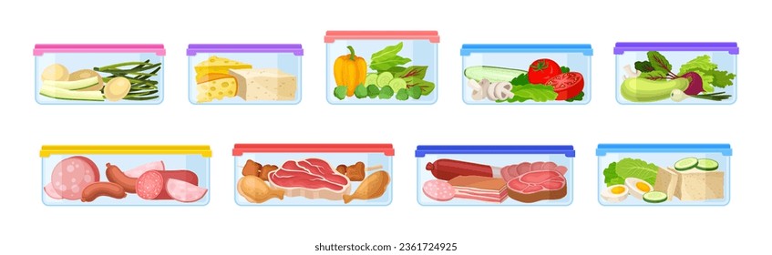 Contenedores de plástico con diferentes alimentos almacenados dentro de un conjunto de vectores