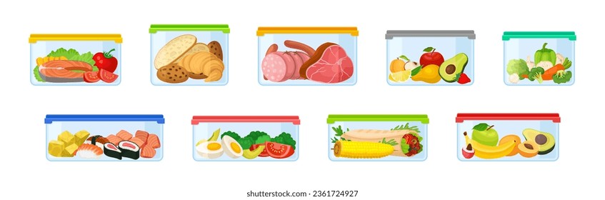 Contenedores de plástico con diferentes alimentos almacenados dentro de un conjunto de vectores