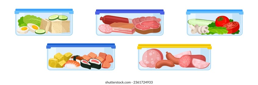 Plastic Containers with Different Food Stored Inside Vector Set