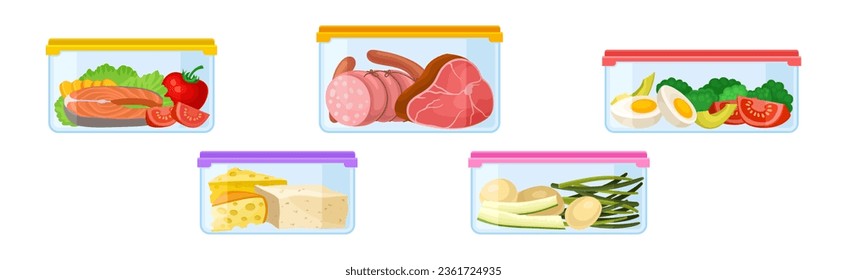 Plastic Containers with Different Food Stored Inside Vector Set