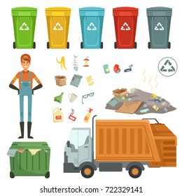 Plastic containers for different trashes. Vector illustration of garbage harvester and dustman. Color container for garbage and trash, rubbish and dustbin