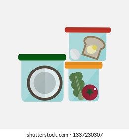 Plastic containers for food, meat, fruits, vegetable, eggs, butter bread, coconut, spinash and tomato keep in refrigerator with flat style vector icon illustration on isolated white background.