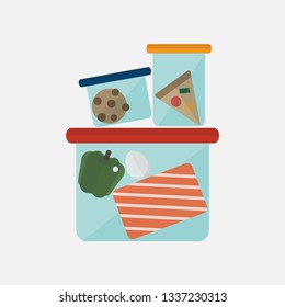 Plastic containers for food, meat, fruits, vegetable, cookies, pizza, bell pepper, eggs and slamon keep in refrigerator with flat style vector icon illustration on isolated white background.