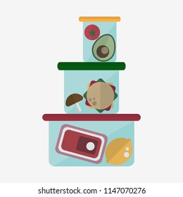 Plastic containers for food, meat, lemon, hamburgers, avocado, mushroom, tomato, fruits and vegetables keep in refrigerator with flat style vector icon illustration on isolated white background