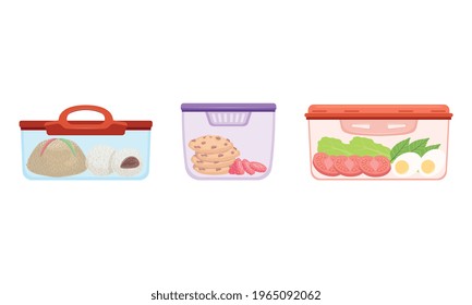 Plastic Containers with Food Set, Lunch Boxes with Cookies, Strawberry, Tomato, Eggs Vector Illustration