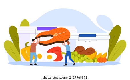 Plastic containers for food storage in fridge. Tiny people holding piece of fish to put in hermetic transparent box with lid to keep leftovers, fruits and vegetables fresh cartoon vector illustration