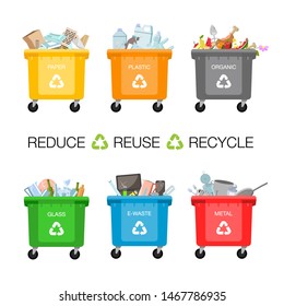 Plastic containers for garbage of different types. Waste management concept. Different types of Waste: Organic, Plastic, Metal, Paper, Glass, E-waste. Separation of waste on garbage cans for recycling