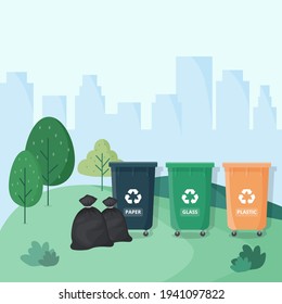 Plastic containers for garbage of different types. Waste management concept. Different types of Waste. City landscape on background.