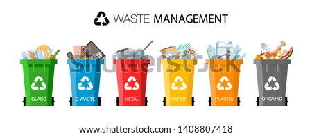 Plastic containers for garbage of different types. Waste management concept. Different types of Waste: Organic, Plastic, Metal, Paper, Glass, E-waste. Separation of waste on garbage cans for recycling