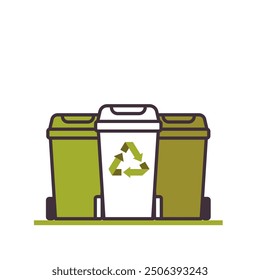 Récipients en plastique pour ordures avec symbole de recyclage vert. Réutilisation et recyclage des déchets. Enregistrer - Environnement. Concept de gestion des déchets. Illustration vectorielle à plat. Non généré par IA