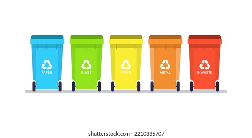 Plastic containers for garbage and recycling bins segregate waste sorting management environment protection concept flat vector illustration.