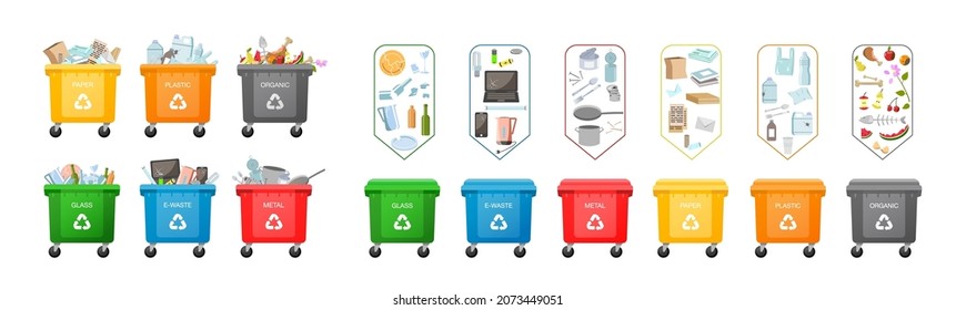 Contenedores de plástico para la basura. Juego de papeleras para diferentes tipos de basura. Concepto de gestión de desechos. Tipos de desechos: Organic, Plastic, Metal, Paper, Glass, E-residuo. Separación de residuos en latas. Vector