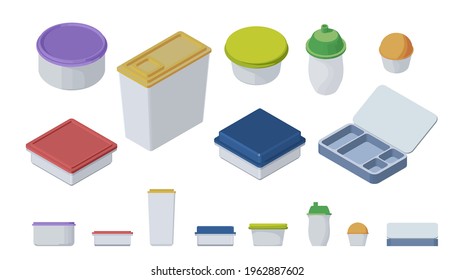 Plastic containers isolated on white background. Isometric view  and front view .