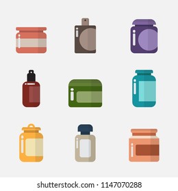 Plastic containers, jars, pots, bottles with spray, cream jar, dropper, dispenser and tube for beauty cosmetics, skincare and kitchenware package in flat style vector icon illustration