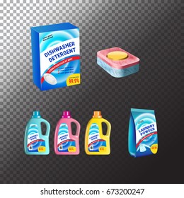 Plastic containers, package and tablets. Vector mockup of isolated objects on transparent background