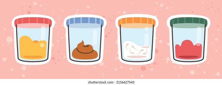 Plastic containers with samples of urine, stool, poop, blood and sperm. Medicine and healthcare concept. Clinical analysis banner design. Donor biological materials printing card. Flat style vector.