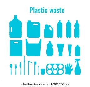 Plastic containers and single use dishes set vector illustration. Plastic waste problem symbol collection. Plastic package, dishes and containers outline icons for earth day ocean pollution concept