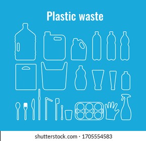 Plastic containers and single use dishes set vector illustration. Plastic waste problem symbol collection. Plastic package, dishes and containers outline icons for earth day ocean pollution concept