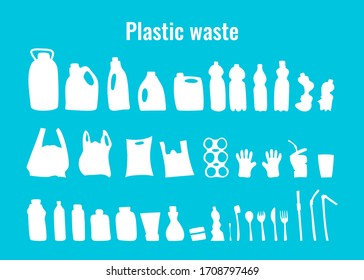 Plastic containers and single use dishes set vector illustration. Plastic waste problem symbol collection. Used plastic package, dishes and containers outline icons for earth day pollution concept