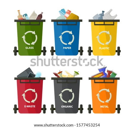Plastic containers with trash. Recycling garbage elements trash bags tires management industry. Organic, plastic, metal,  paper, glass.