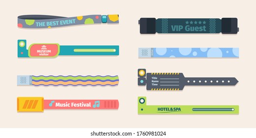 Plastic control bracelets template set. Colorful silicone bandages character identification events music concert free access hotel spa area VIP client admission museum. Personality vector style.