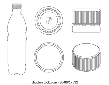 Vektorgrafik-Kontursymbol aus Kunststoff. Vektorgrafik-Flasche mit Verschlusskappe auf weißem Hintergrund. Einzeln Umriss Symbol Kunststoff-Kork gesetzt.