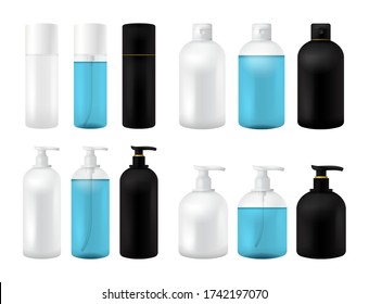 Plastic Cosmetic Bottle big set 3D. Isolated Black, White and transparent Mockup for soup, shampoo, Gel, Spray, Body Lotion, Shampoo. Realistic Container Template. Clear Medical Packaging Mockup Set