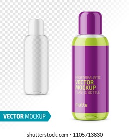 Plastic Cosmetic Bottle With Label. 200 Ml. Cosmo Round Style. For Lotion, Body Milk, Shampoo Etc. Photorealistic Packaging Mockup Template With Sample Design. Vector Illustration.