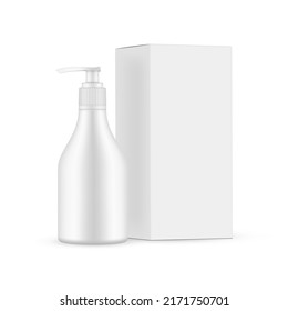 Montaje de botellas plásticas estéticas con bomba, caja de embalaje de papel, aislada en fondo blanco. Ilustración vectorial