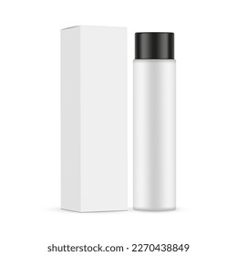 Plastic Cosmetic Bottle With Packaging Box Mockup, Side View, Isolated on White Background. Vector Illustration