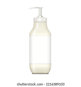 Frasco de plástico cosmético con dispensador de bomba y etiqueta blanca de maquillaje realista. Jabón líquido, crema, loción u otro producto de belleza vectorial paro. Plantilla para el diseño